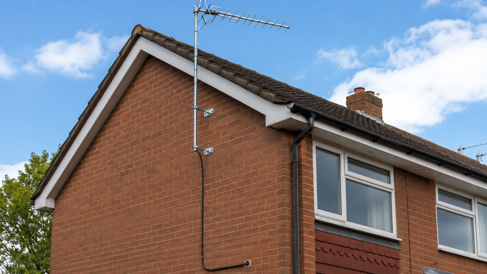 Wall mounted TV aerial installed on a brick home in Hinckley