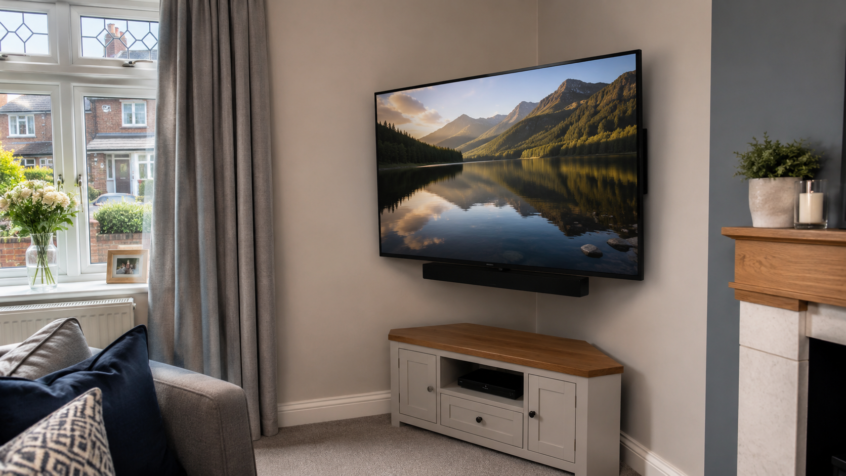 Neatly wall mounted TV above a fireplace with tidy finish