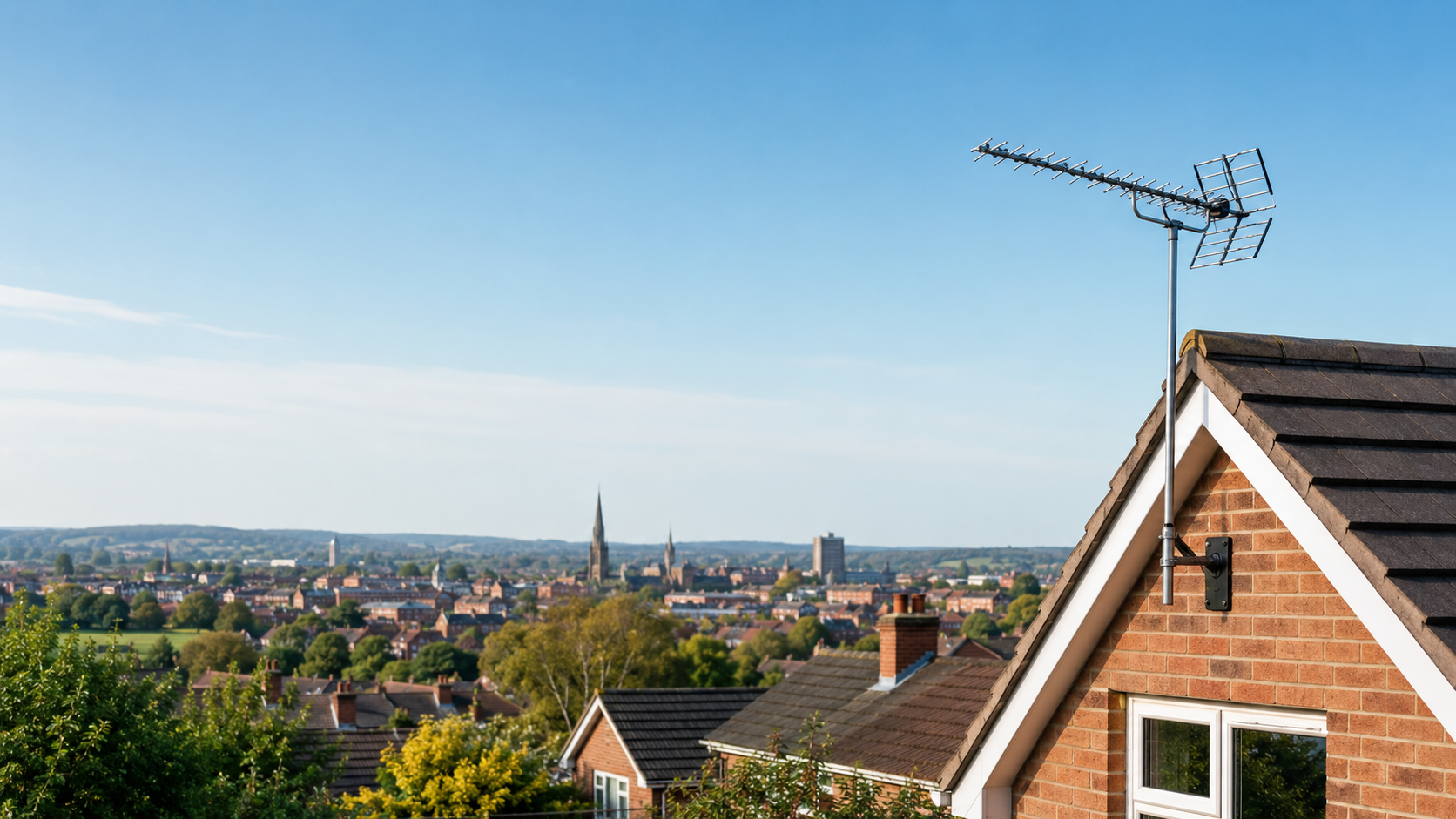TV aerial above Hinckley rooftops for local aerial installation