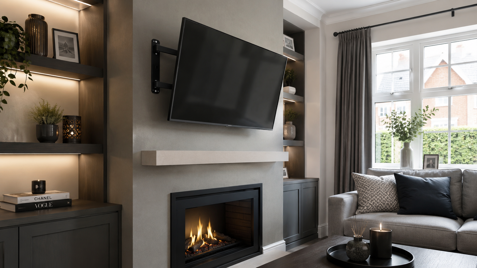 Close up of an adjustable TV wall bracket installation