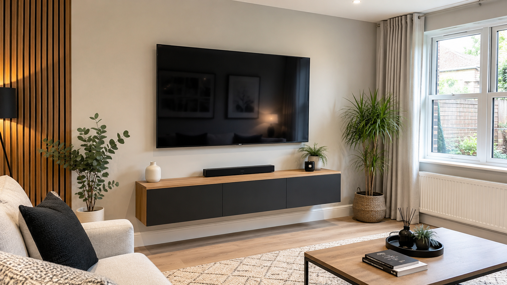 Wall mounted flat screen TV in a modern Hinckley living room